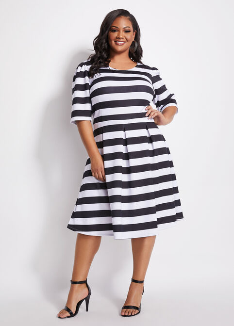 Pleated Stripe A Line Dress, Black White image number 2