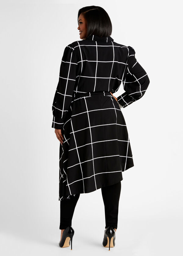 Belted Windowpane Hi Lo Button Top, Black White image number 1
