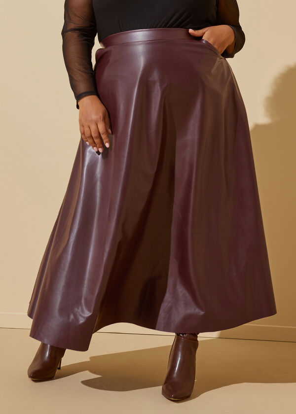 Faux Leather A Line Maxi Skirt, Burgundy image number 0
