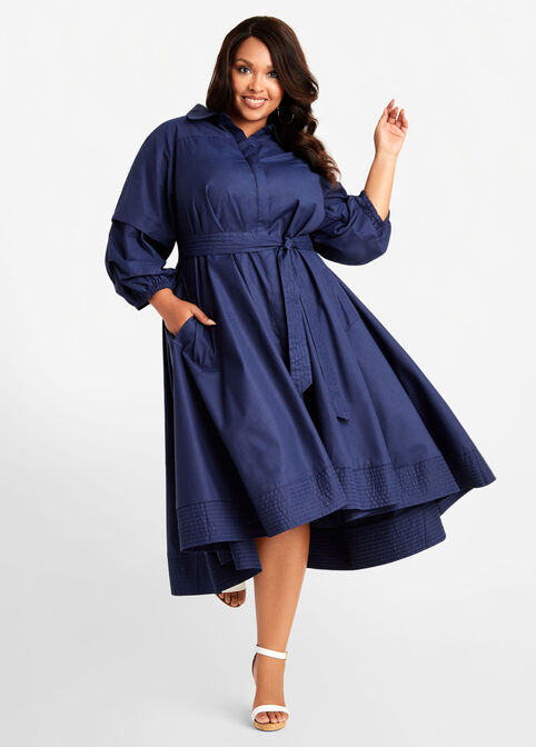 Plus Size Cotton Flared Belted Woven Button Up Hi Low Midi Shirtdress image number 0