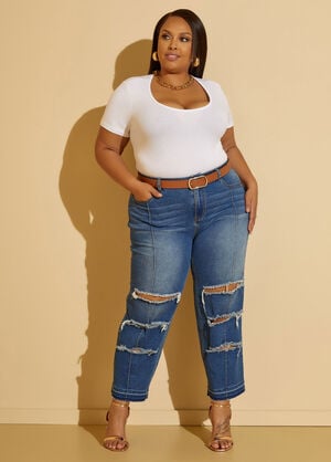 Cropped Distressed Mid Rise Jeans, Dk Rinse image number 0