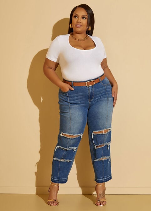 Cropped Distressed Mid Rise Jeans, Dk Rinse image