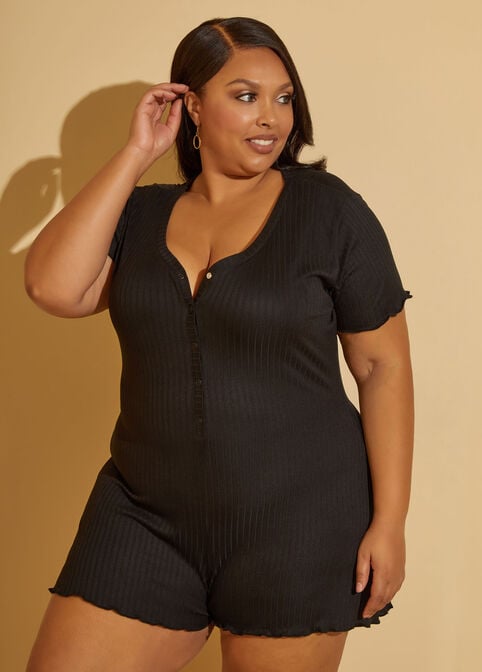 Cozy Couture Ribbed Pajama Romper, Black image number 0