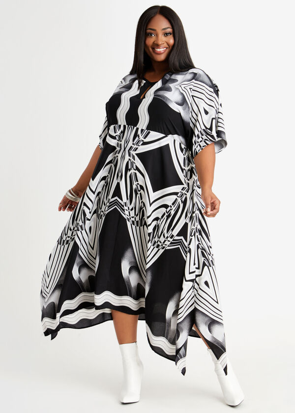 Abstract Kimono Sleeve Dress, Black White image number 0