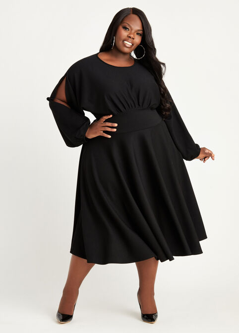 Split Sleeve Fit n Flare Dress, Black image number 0
