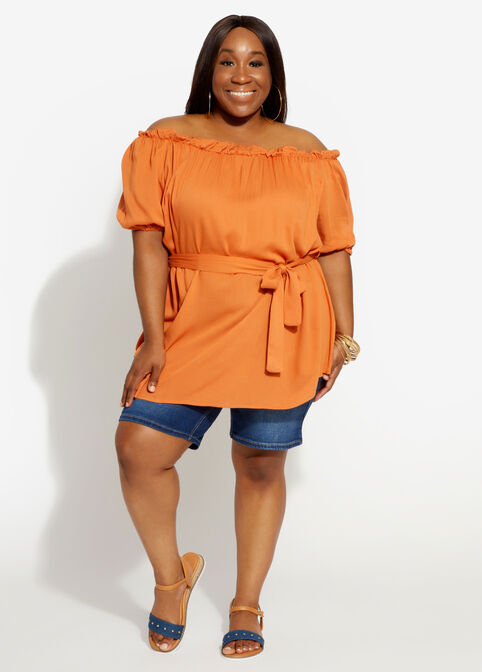 Plus Size Belted Off The Shoulder Rounded Puff Sleeve Tunic Blouse Top image number 0