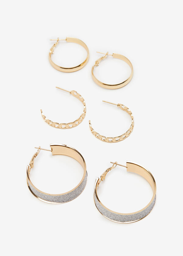 Gold Tone Glittered Earrings Set, Gold image number 0