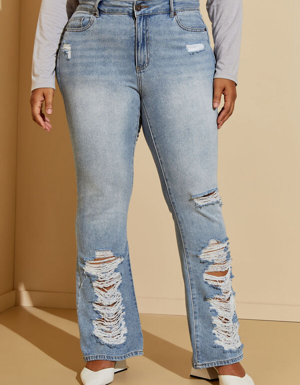 Distressed Paneled Bootcut Jeans, Denim Blue image number 0