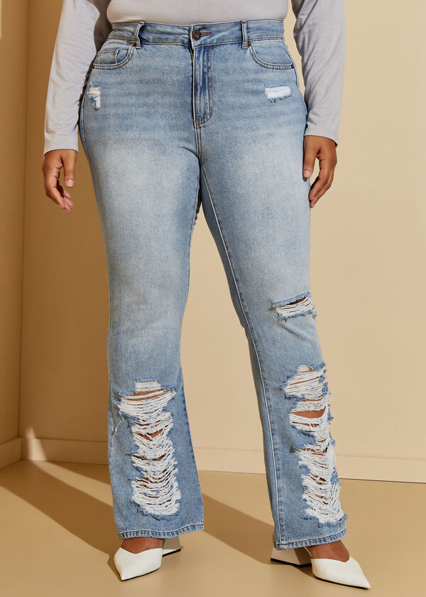 Distressed Paneled Bootcut Jeans, Denim Blue image number 0