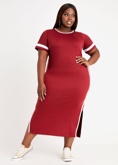 Plus Size Colorblock Knit T Shirt Sexy Side Slit Bodycon Maxi Dress image number 0