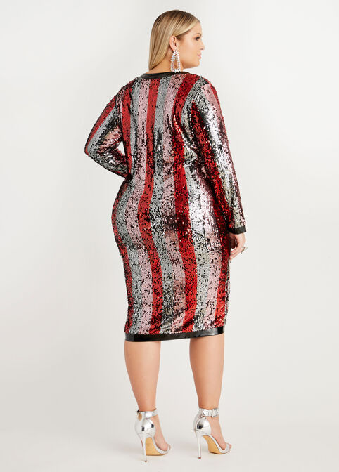 Sequin Stripe Bodycon Dress, Red image number 1