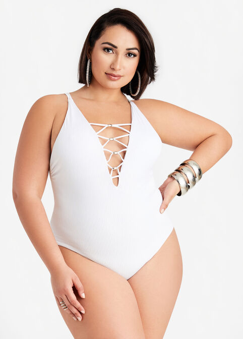 YMI White Lace Up 1PC Swimsuit, White image number 0