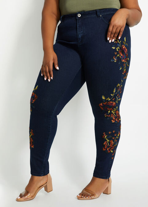 Floral Embroidery High-Waist Skinny, Blue image number 0