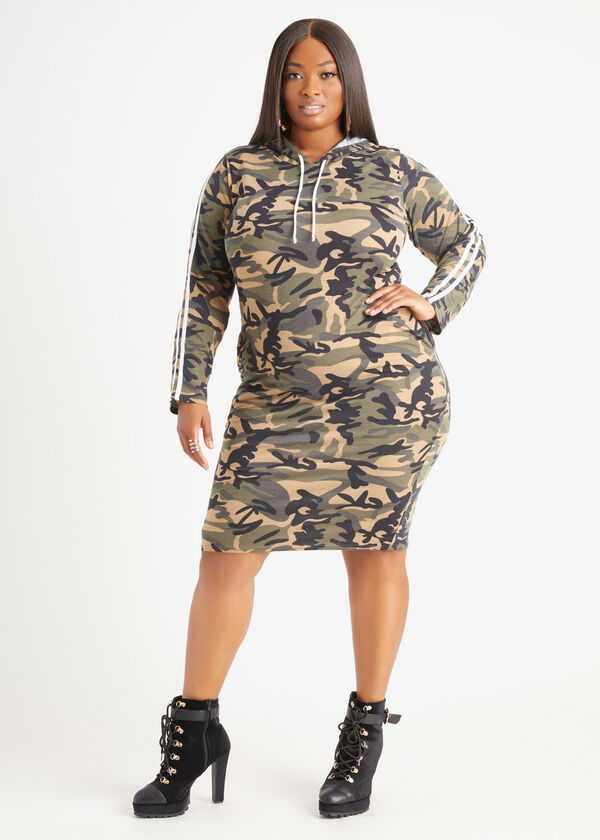 Hooded Camo Print Jersey Dress, Olive image number 0