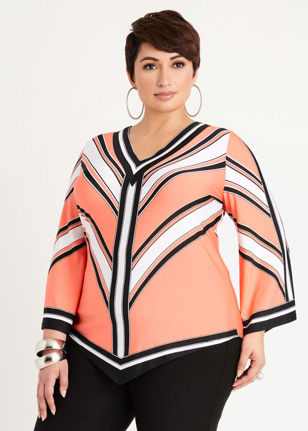 Stripe Flare Sleeve Knit Top, LIVING CORAL image number 0