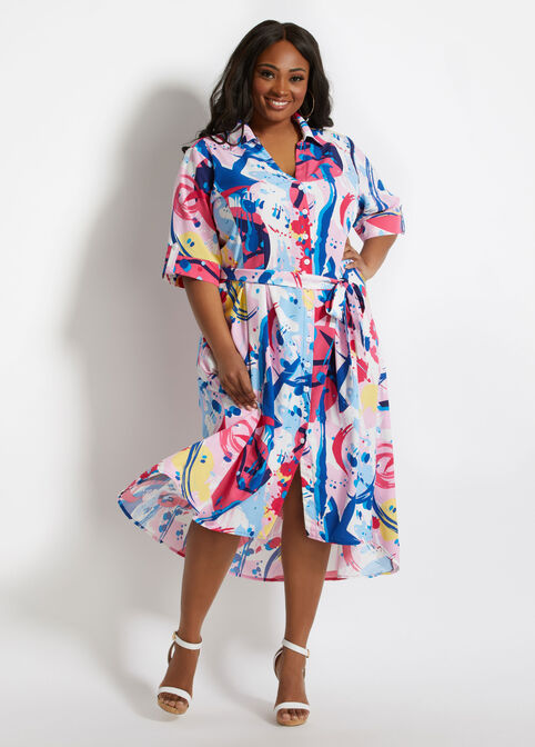Belted Abstract Maxi Shirtdress, Pink Carnation image number 2