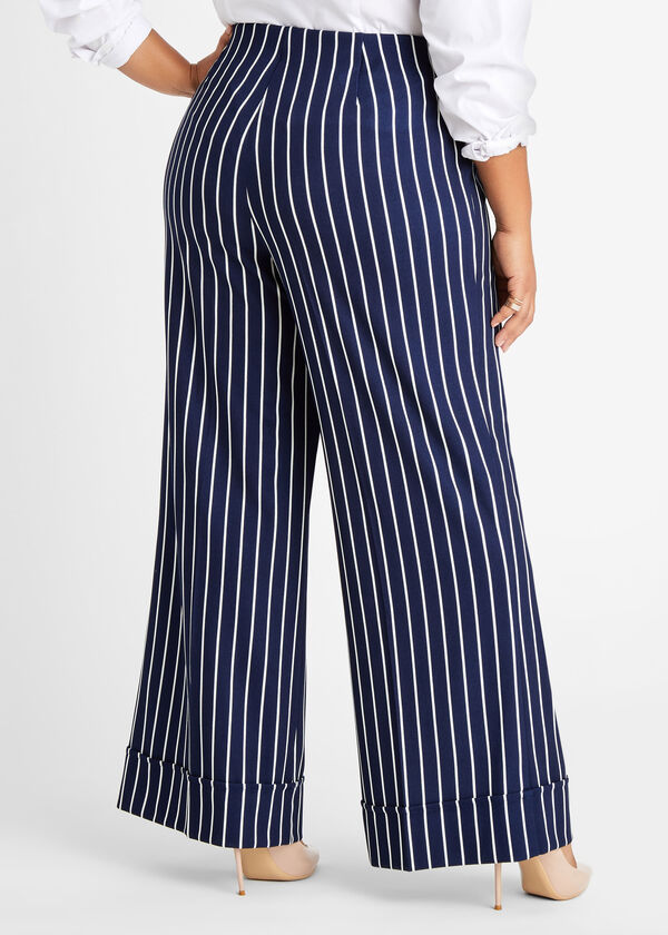 Stripe Cuffed Wide Leg Pants, Navy image number 1