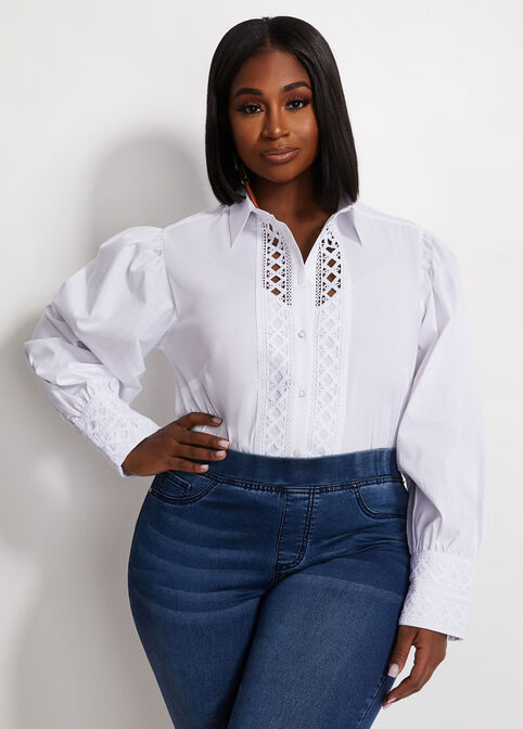 Crochet Trim Puff Sleeve Button-Up, White image number 2