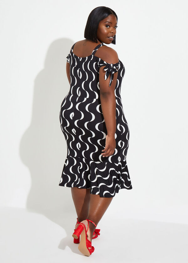 Knotted Swirl Bodycon Dress, Black White image number 1