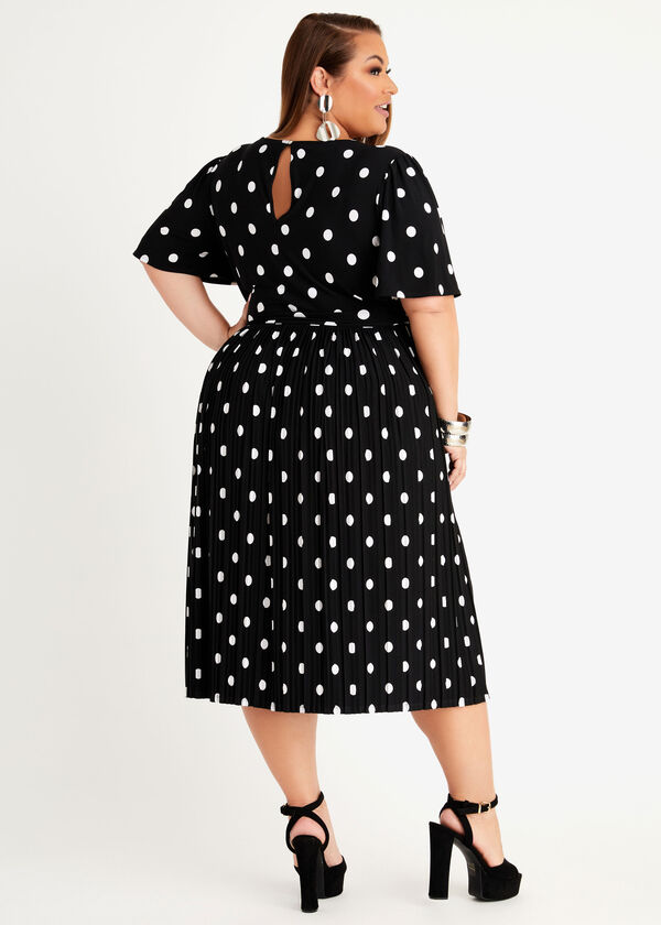 Polka Dot Pleated Midi Dress, Black White image number 1