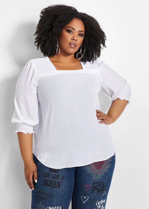 Smocked Square Neck 3/4 Sleeve Top, White image number 0
