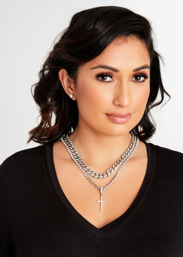 Crystal Cross Layer Necklace, Silver image number 0