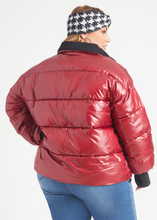 Knit Trimmed Glossed Puffer Jacket, Wine image number 1