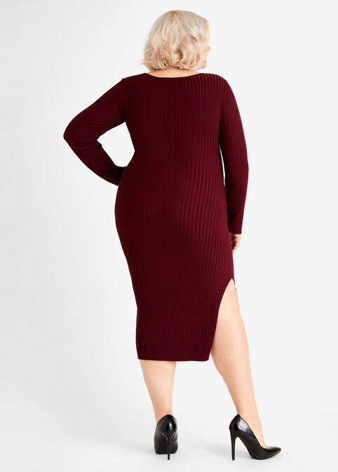 Belted Square Neck Sweater Dress, Wine image number 1