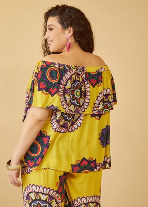 Off The Shoulder Printed Top, Cyber Yellow image number 1