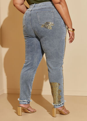 Distressed Sequined Skinny Jeans, Dk Rinse image number 1