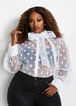 Organza Dot Tie Neck Button-Up Top, White image number 0
