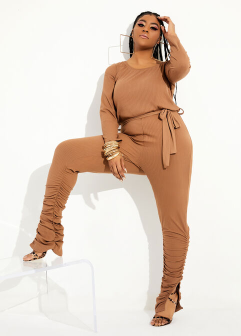 Trendy Plus Size Ruched Split Leg Off Shoulder Stacked Sexy Jumpsuit image number 0