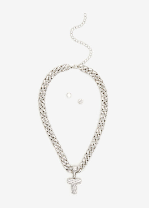 Pave Link T Initial Chain & Studs, Silver image number 1