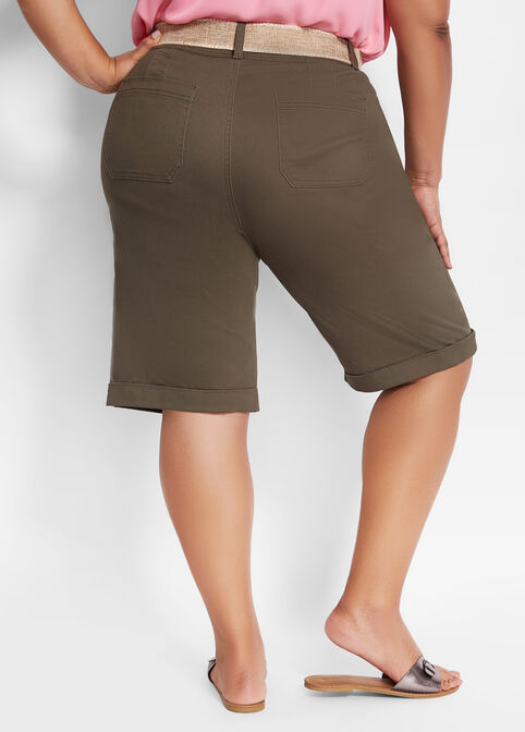 Belted Cuffed Bermuda Shorts, Olive Night image number 1