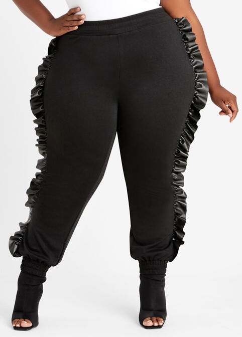 Ponte & Ruffle Faux Leather Jogger, Black image number 0