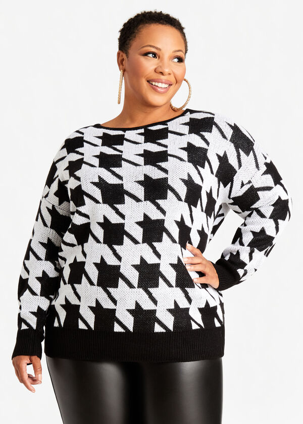 Houndstooth Knot Back Sweater, Black White image number 1