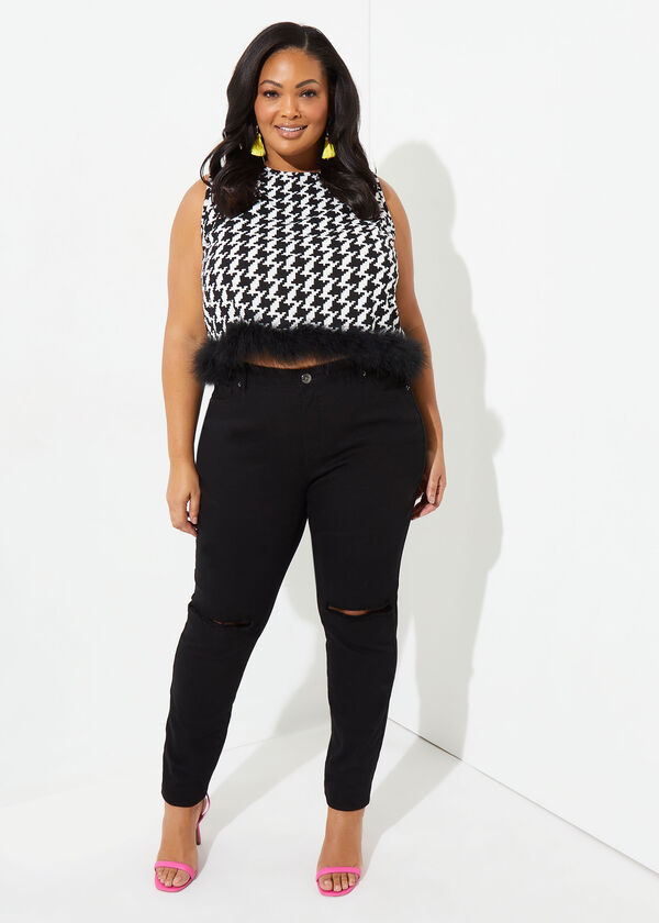 Feather Embellish Houndstooth Top, Black White image number 2