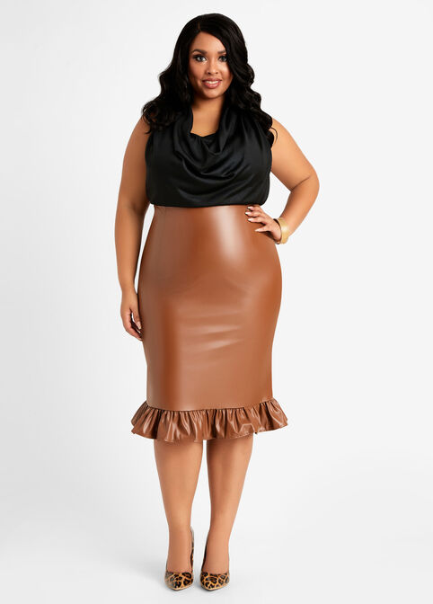 Faux Leather Ruffle Hem Skirt, Camel Taupe image number 2
