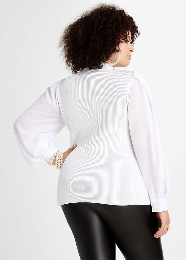 Pearl Front Chiffon Sleeve Sweater, White image number 1