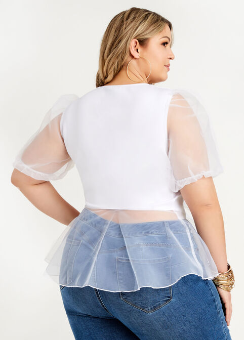 Belted Organza & Scuba Peplum Top, White image number 1