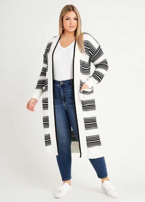 Stripe Open Front Duster Cardigan, White Black image number 0