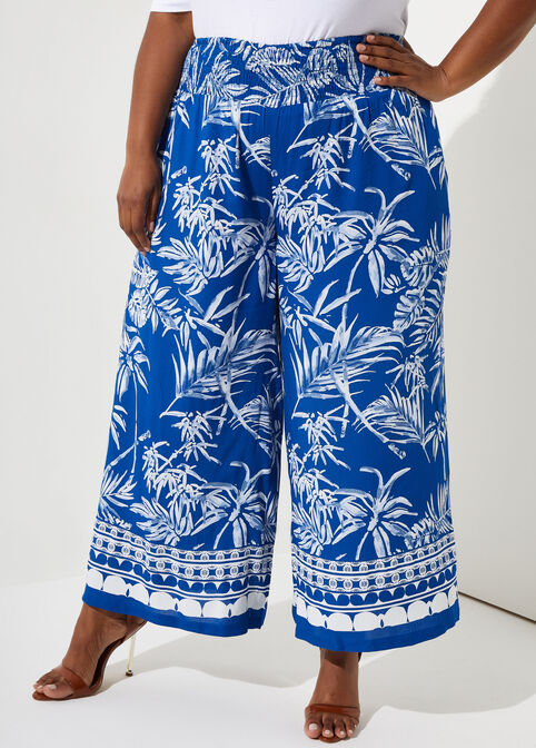 Tropical Print Wide Leg Pants, Lapis Blue image number 0