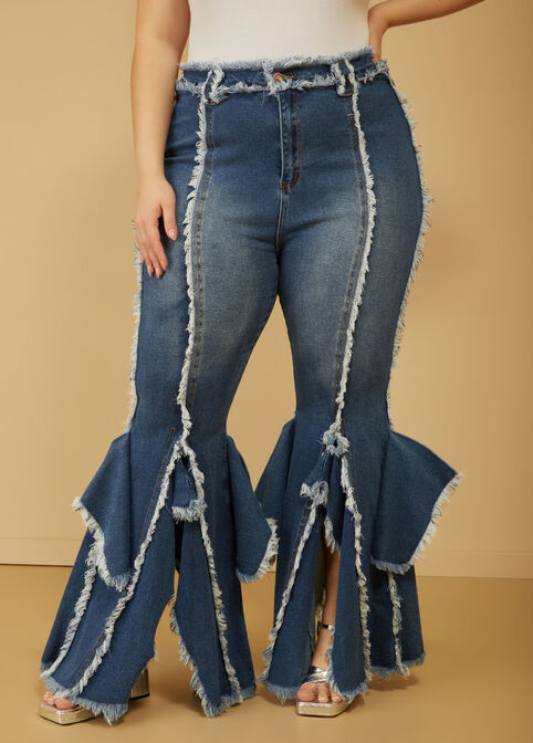 High Rise Frayed Bell Bottom Jeans, Blue image number 3