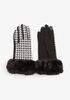 Faux Fur Trimmed Houndstooth Gloves, Black Combo image number 0