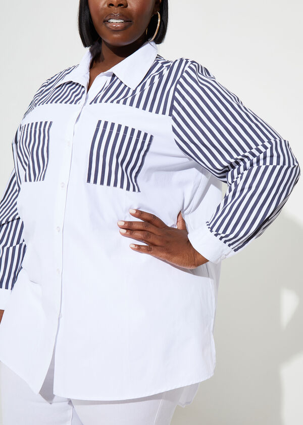 Striped Cotton Blend Shirt, White image number 2