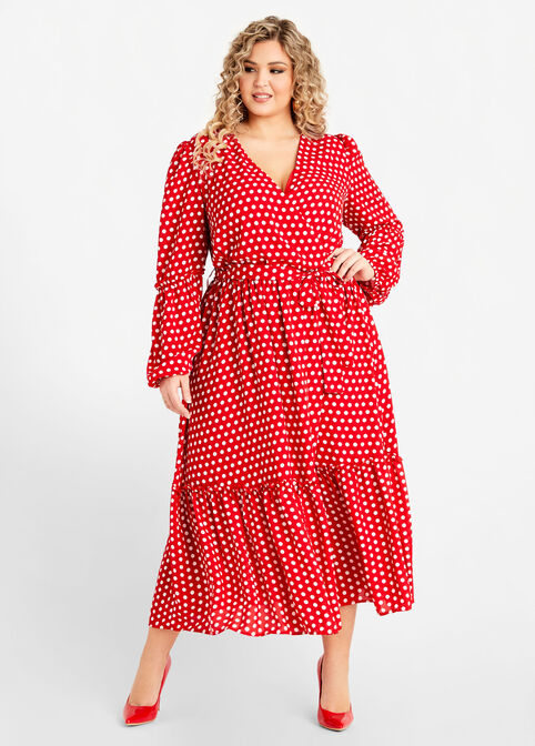 Tall Belted Dot Wrap Maxi Dress, Red image number 0