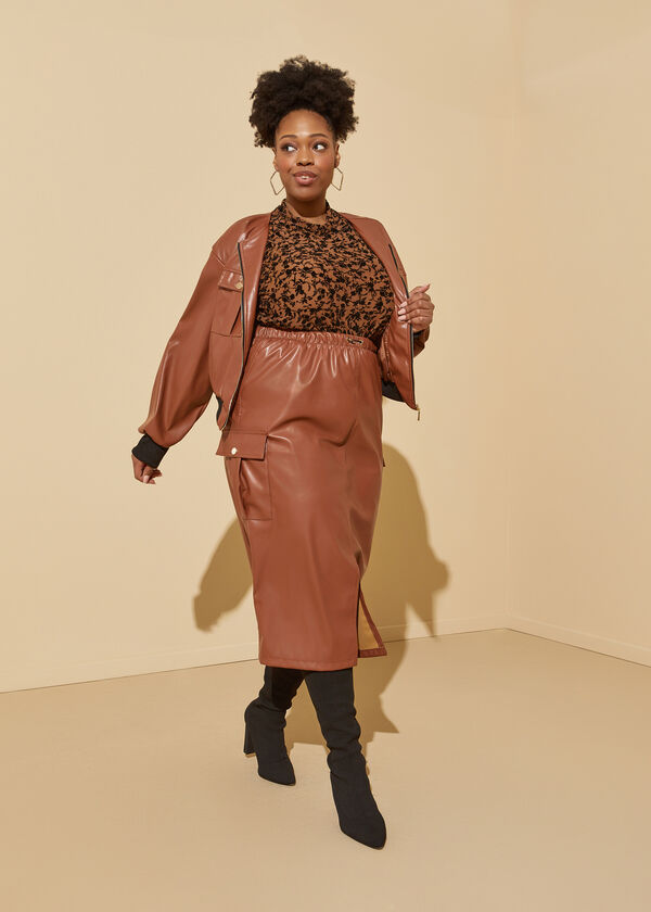 Faux Leather Cargo Midi Skirt, Brown image number 1