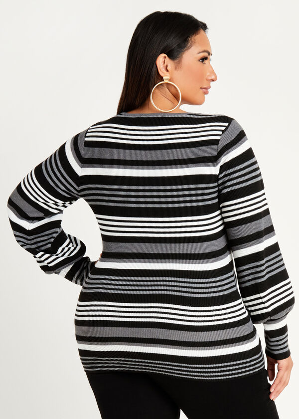 Stripe Sweetheart Neck Balloon Sleeve Sweater, Black White image number 1