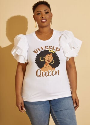 Blessed Queen Ruffled Sleeve Tee, White image number 0