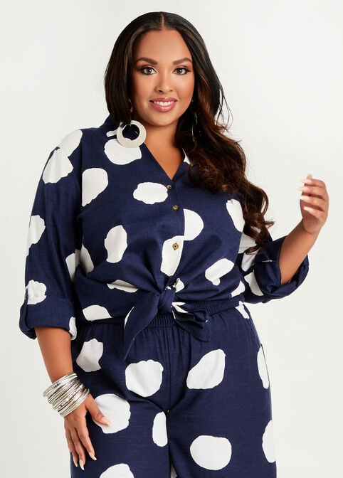 Dot Cotton Blend Button Up Top, Peacoat image number 0